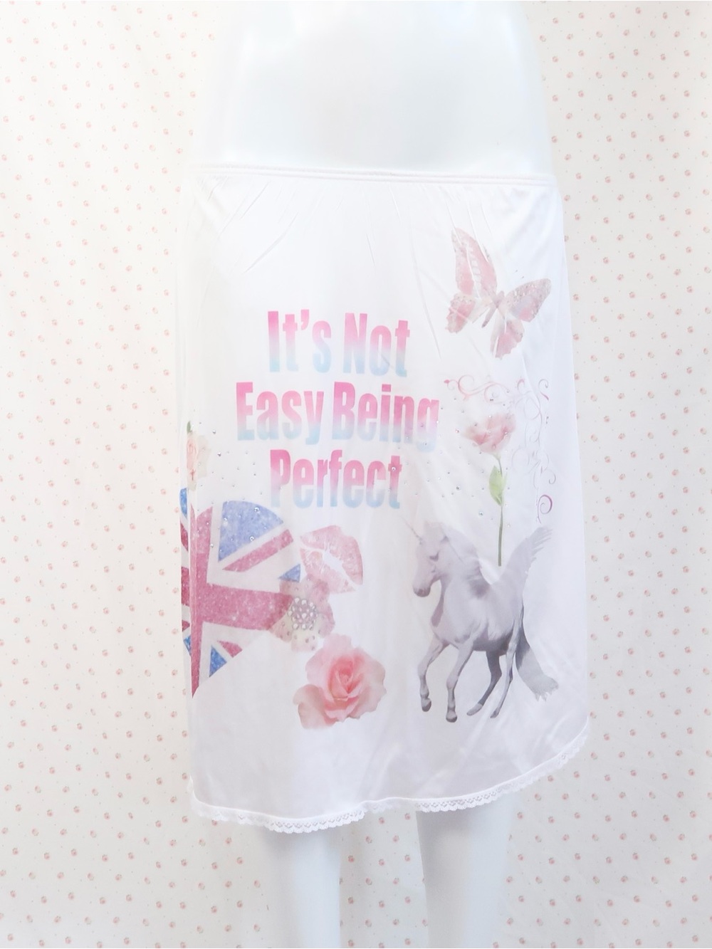 White Graphic Slip Skirt with Pink Accents